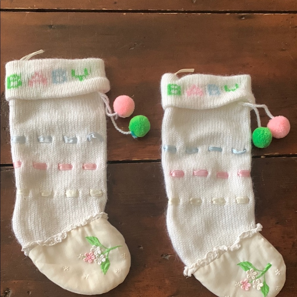 White and Green Knitted Baby Socks with Pom Poms